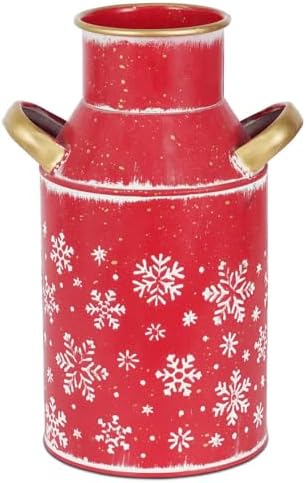 Galvanized Red Milk Can Christmas Decor Vase with Gold Handles