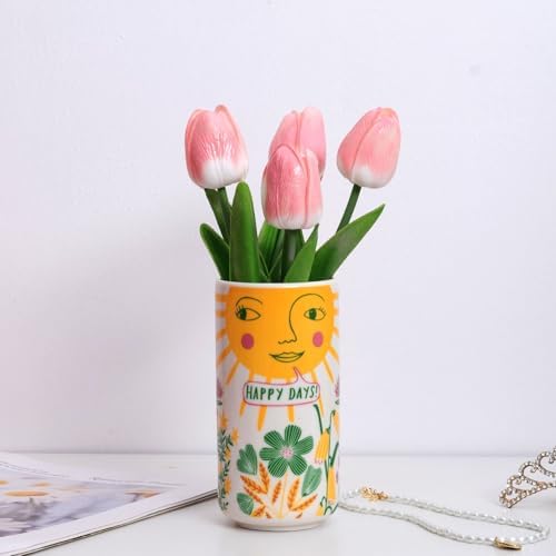 Cute Medium Ceramic Flower Vase with Colorful Boho Design