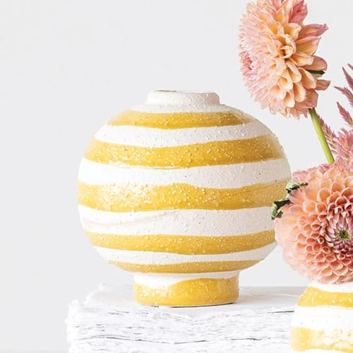 Creative Co Op Large Striped Stoneware Vase Yellow White