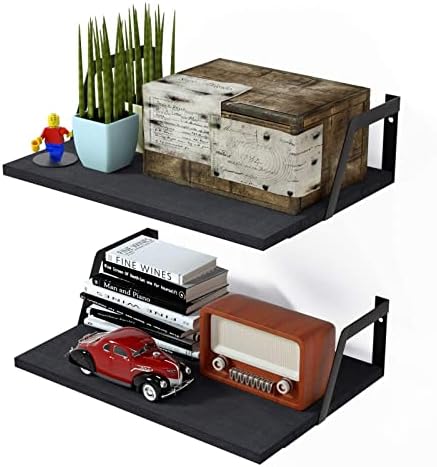 SRIWATANA Floating Shelves Wall Mounted Set of 2 Rustic Wood Shelves with Large Capacity Black