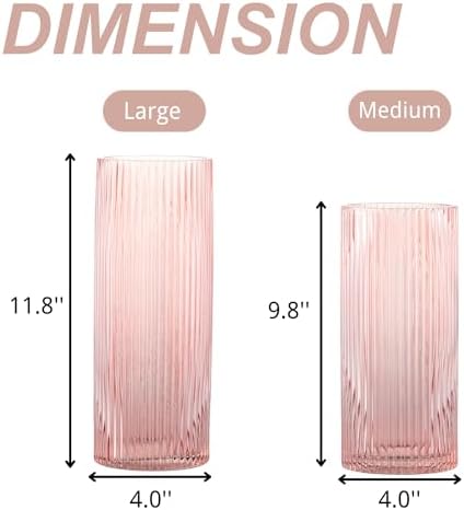 Pink Glass Vase for Flowers Tall Cylinder Vase for Home Decor