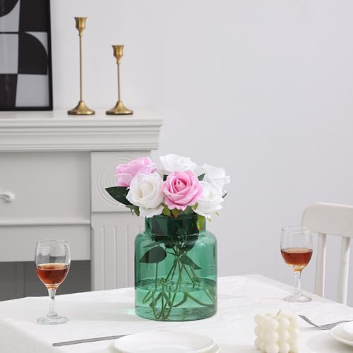 PORPAN 7 Inch Large Green Glass Vase