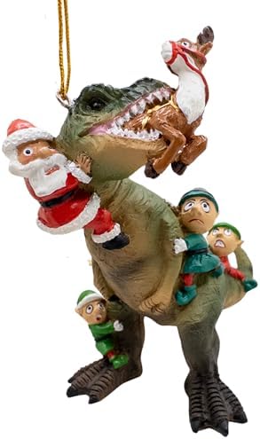 Santa and Elves Saving Reindeer from T-Rex Christmas Tree Ornament