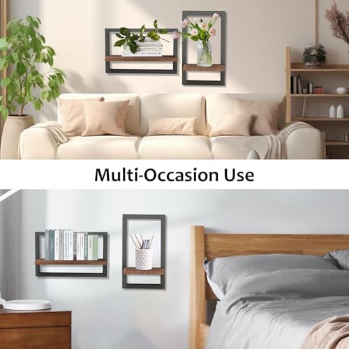 Qivine 2Pcs Black Wood Wall Shelves Square Floating Frame Design