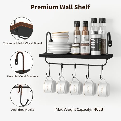 Olakee Floating Wall Shelves Set of 2 with 10 Adjustable Hooks Black
