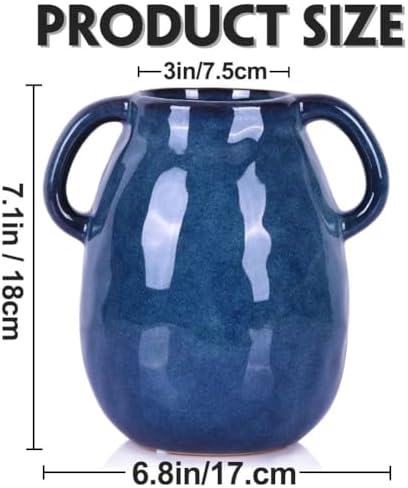 Blue Ceramic Vase with 2 Handles Modern Farmhouse Decor