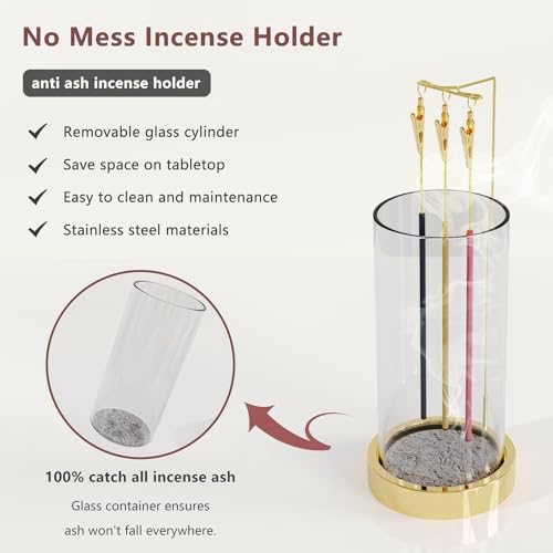 HaisWonsa Incense Holder Ash Catcher - Gold Modern Metal Vertical Burner for Sticks
