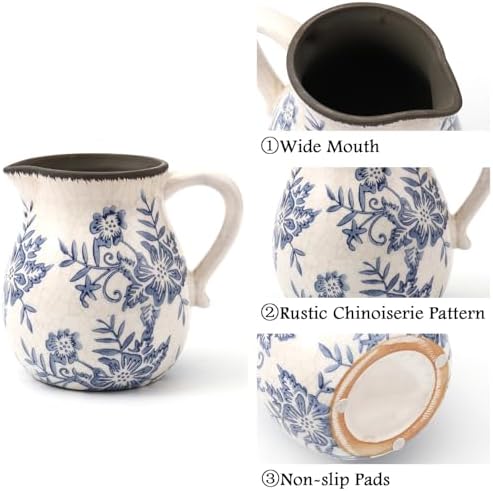 Vintage Flower Vase with Handle Blue and White Ceramic