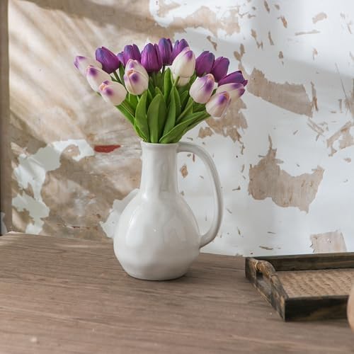 White Ceramic Vase with Big Handle and Rustic Design