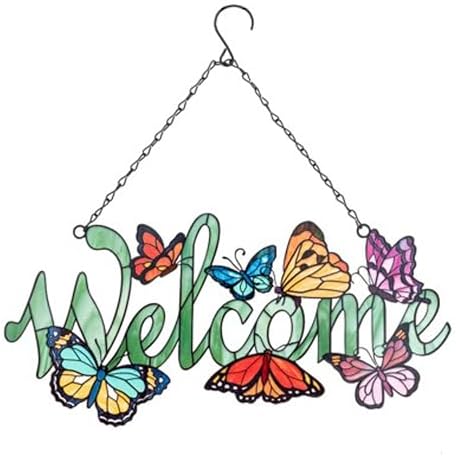7 Colorful Butterflies Over Welcome Hanging Metal Suncatcher