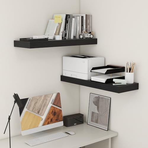 Deep Floating Shelves Set of 2 36 Inch Distressed Black Wood Shelves for Home Office and Living Room