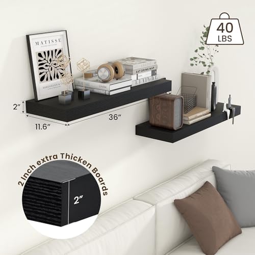 Deep Floating Shelves Set of 2 36 Inch Distressed Black Wood Shelves for Home Office and Living Room