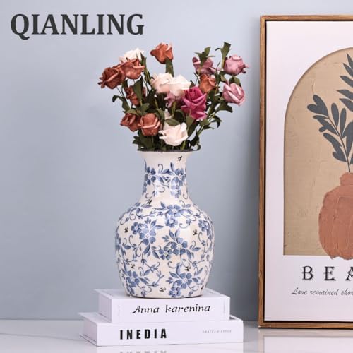 Qianling Blue and White Floral Vase - 106 Inch Vintage Ceramic Decor