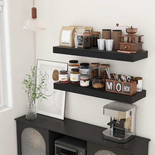 Deep Floating Shelves Set of 2 36 Inch Distressed Black Wood Shelves for Home Office and Living Room
