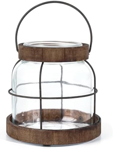 Vintage Glass Vase with Wood Frame and Metal Handle