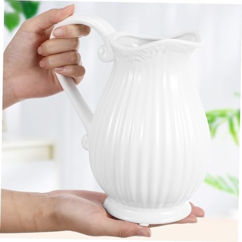 Angoily White Striped Ceramic Pitcher Vase with Handle