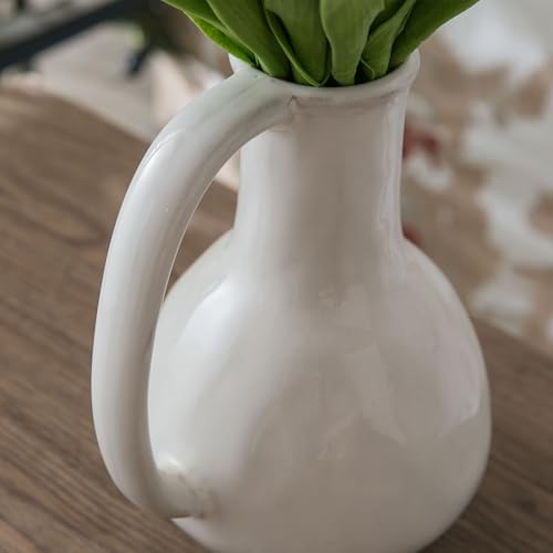 White Ceramic Vase with Big Handle and Rustic Design