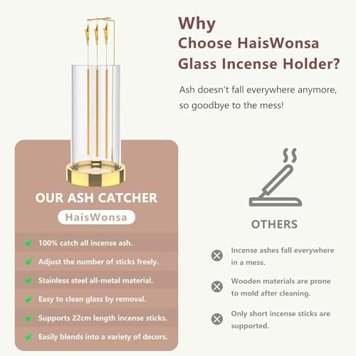 HaisWonsa Incense Holder Ash Catcher - Gold Modern Metal Vertical Burner for Sticks
