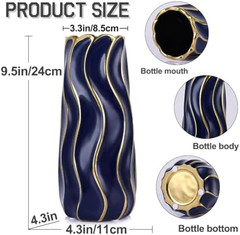 95 Inch Blue Ceramic Vase with Gold Accents