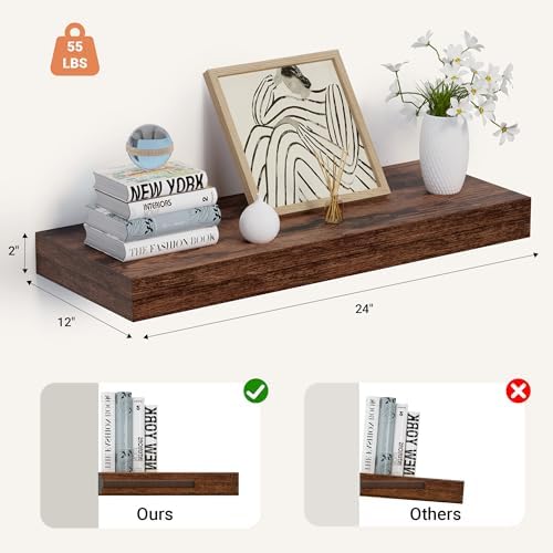24 x 12 Inch Deep Floating Shelves Wall Mounted with Invisible Brackets