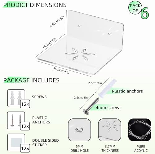 LUOBAO Clear Acrylic Floating Wall Shelves 6 Inch