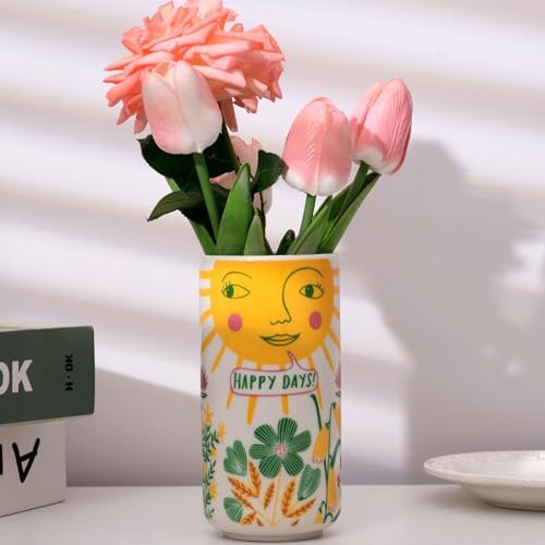 Cute Medium Ceramic Flower Vase with Colorful Boho Design