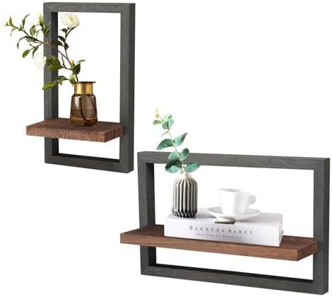 Qivine 2Pcs Black Wood Wall Shelves Square Floating Frame Design