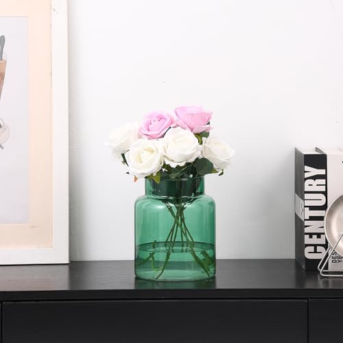 PORPAN 7 Inch Large Green Glass Vase
