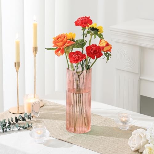Pink Glass Vase for Flowers Tall Cylinder Vase for Home Decor