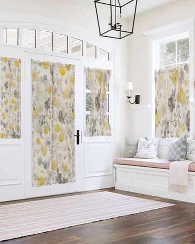 Yellow Flowers Door Curtains with Tiebacks for French Doors