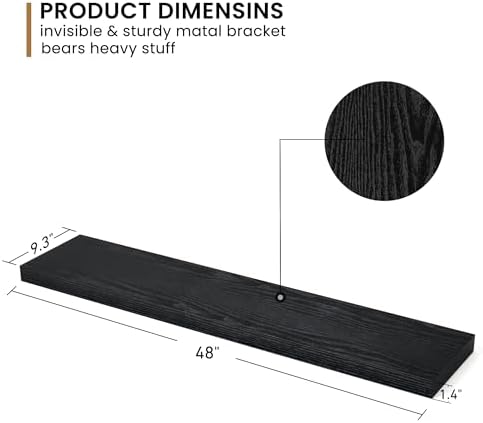 Fun Memories Floating Shelves - 48 W x 9 D x 16 H Rustic Black Wall Mounted Display Shelf