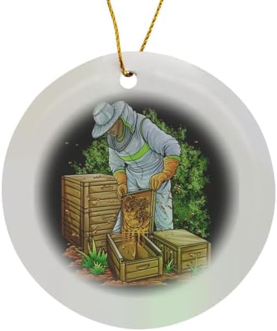 3dRose Circle Porcelain Ornament Beekeeper with Bees and Honeycomb