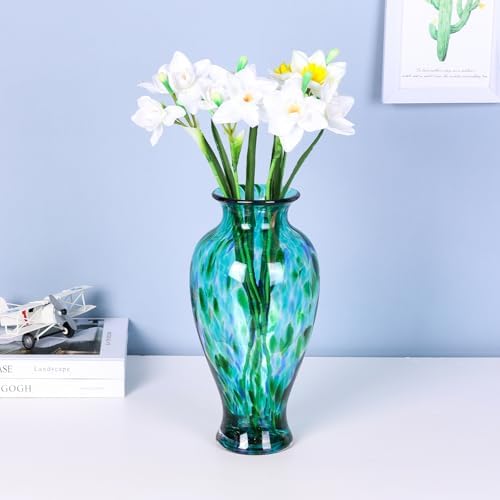 118 Inch Tall Teal Glass Vase with Green Base
