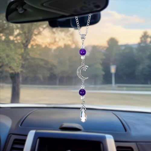 Moon Star Car Mirror Charm with Amethyst Crystal