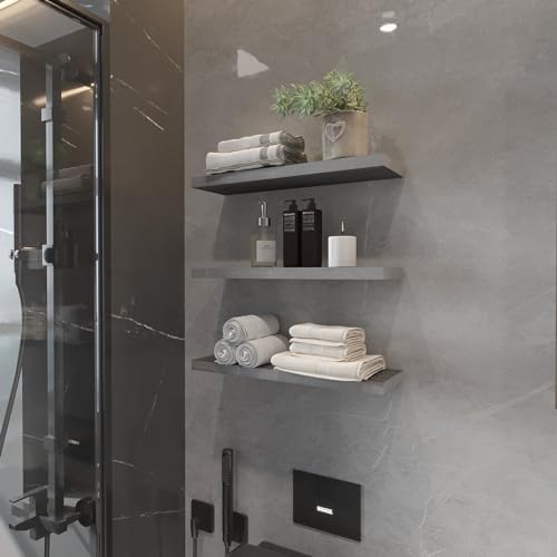 Rustic Grey Floating Shelves 24 Inch Set of 3 Solid Wood Wall Mounted Storage