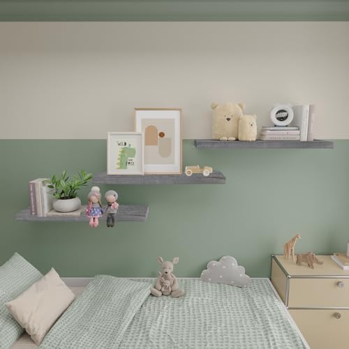Rustic Grey Floating Shelves 24 Inch Set of 3 Solid Wood Wall Mounted Storage