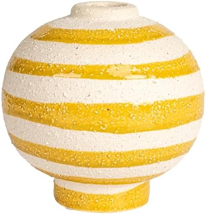 Creative Co Op Large Striped Stoneware Vase Yellow White