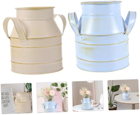 Cabilock 2pcs Retro Style Desktop Flower Bucket with Double Ears Iron Decorative Vase