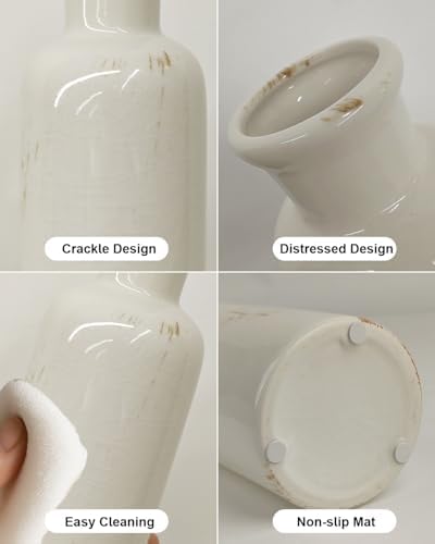 CheeryStow White Ceramic Vase Set of 3 - Crackle Glaze Farmhouse Decor