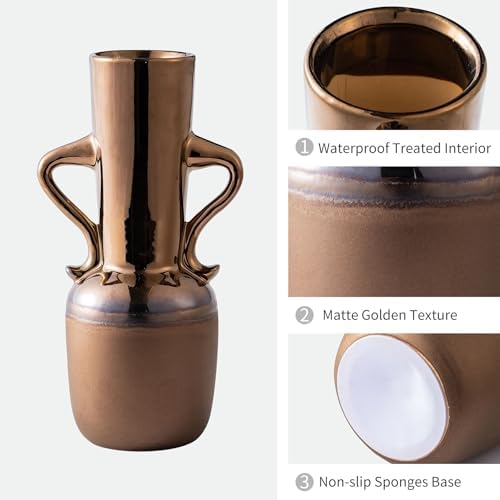 Gold Ceramic Vase with Handles 11 Inch