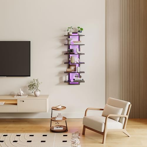 6 Tier Wall Shelf with LED Light Black Floating Shelf Unit for Home Decor and Storage