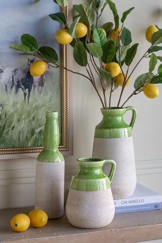 8 Tall Decorative Ceramic Jug Vase with Glossy Green and Natural Tan Finish