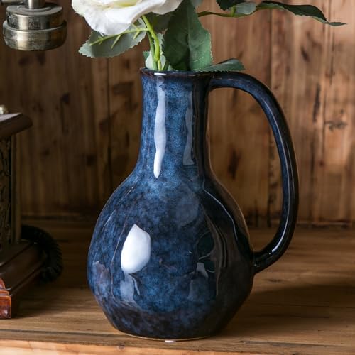 Blue Ceramic Vase with Big Handles Modern Farmhouse Decor