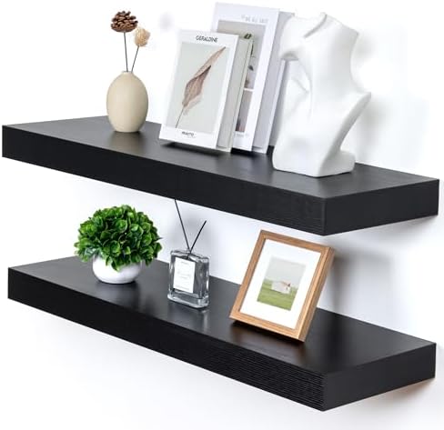 Deep Floating Shelves Set of 2 36 Inch Distressed Black Wood Shelves for Home Office and Living Room