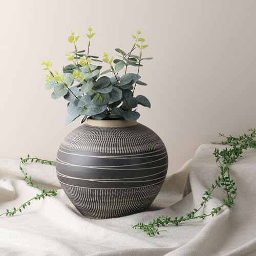 Modern Ceramic Vase with Black and Grey Stripes