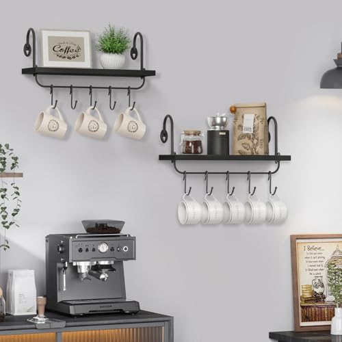 Olakee Floating Wall Shelves Set of 2 with 10 Adjustable Hooks Black
