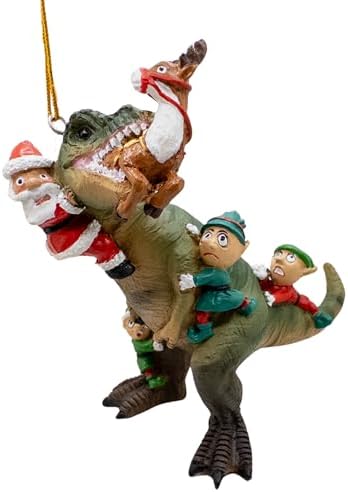 Santa and Elves Saving Reindeer from T-Rex Christmas Tree Ornament