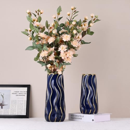 95 Inch Blue Ceramic Vase with Gold Accents