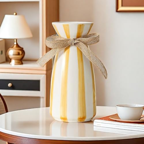 Luoshanvee Small White Porcelain Vase with Yellow Stripes