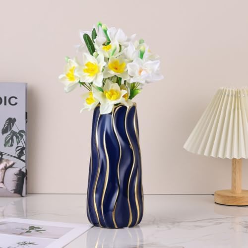 95 Inch Blue Ceramic Vase with Gold Accents